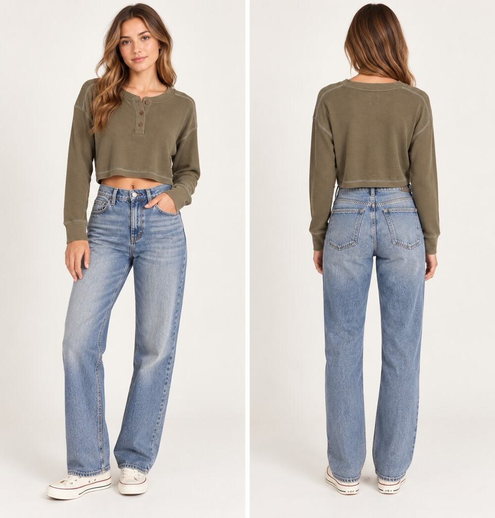 BDG Urban Outfitters Cropped Thermal Henley Top M Olive Green 100% Cotton